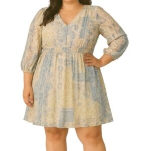 New Cato Pastel Paisley Pink Blue Yellow Statement Sleeve Cream Dress 18 / 20W